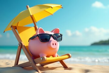 Piggy Bank Relaxing with Sunglasses and Umbrella on Beach Deck Chair