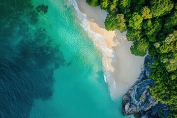 Stunning aerial view of a tropical beach and lush island in Thailand showcasing crystal clear waters, Thailand aerial landscape Tropical beach and island of Krabi exotic nature