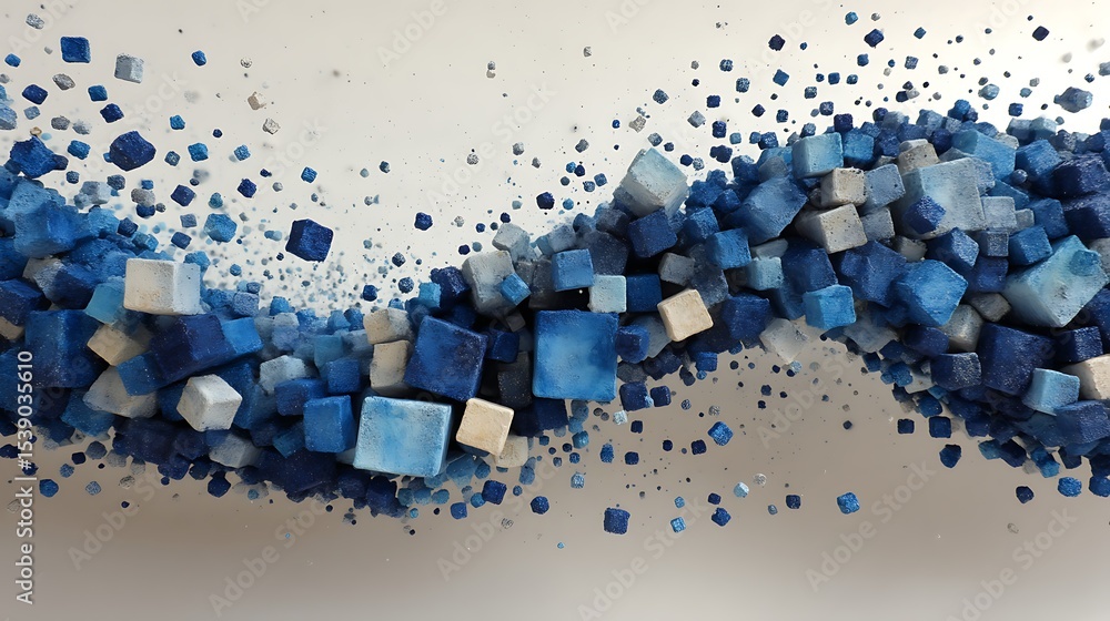 Aufkleber abstract arrangement of blue and white cubes creating a dynamic wave, concept of motion and particle