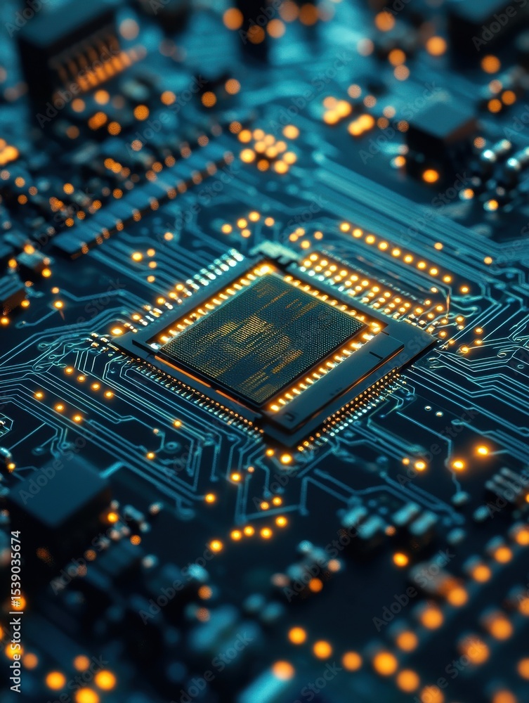 Poster close-up of a circuit board, showcasing intricate pathways and a central processor, symbolizing tech