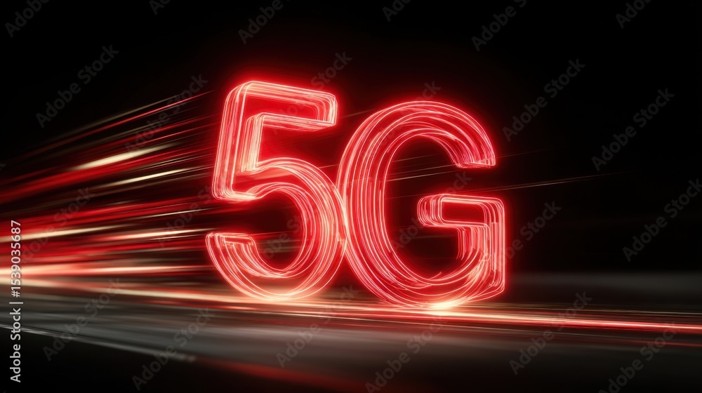 Aufkleber a red 5g sign is lit up in the dark. the sign is a symbol for the 5g network, which is a faster and 