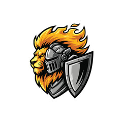 Striking illustration of a regal lion's head, adorned with a medieval knight's helmet and accompanied by a classic shield. The lion's mane is stylized as fiery flames, suggesting passion and intensity