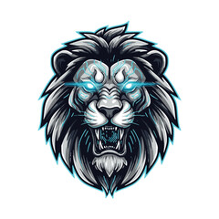 A commanding lion head design, enhanced with electric blue accents and technological patterns. This powerful graphic is versatile for branding, gaming, sports, or any project requiring a symbol of str