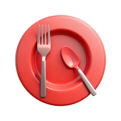 Red plate with fork and spoon isolated on transparent background