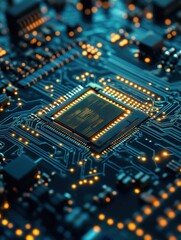 Obraz premium Close-up of a circuit board, showcasing intricate pathways and a central processor, symbolizing technology, innovation, and connectivity