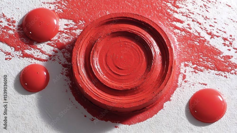 Poster abstract composition featuring a circular form and spherical accents in a vivid red hue.