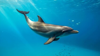Fototapeta premium A dolphin swims gracefully through the clear blue ocean water with sunlight streaming from above the surface