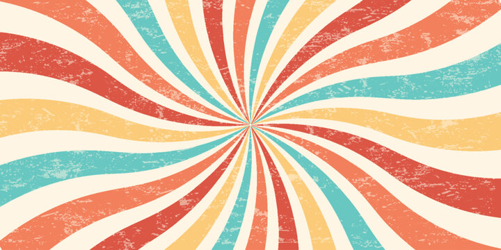 Spiral retro pattern background. Swirl groovy vector sun rays. Psychedelic radial burst with grunge texture. 70s starburst hypnotic illustration. Vintage circular abstract colorful bg