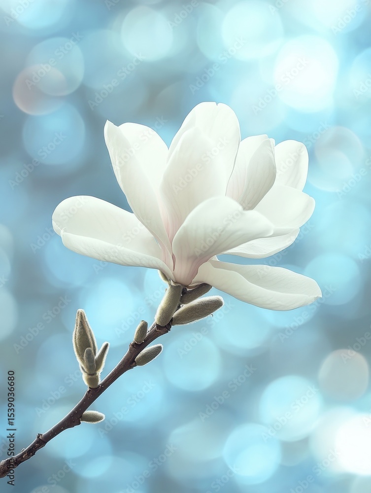 Poster elegant closeup of a creamy white magnolia flower on a slender branch against a soft blue bokeh back