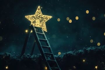 Ladder reaching for a luminous star in a peaceful night setting with a soothing lullaby atmosphere, ladder on sleeping star at night lullaby concept Photo background ing