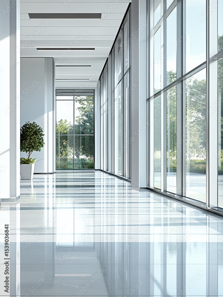 Poster empty hallway in a modern office building with large windows and glossy floors.