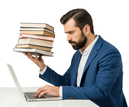 Man holding Stack of Books While Typing on Laptop - Isolated on Transparent Background