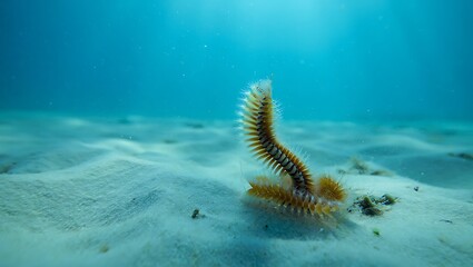 Underwater view of a bristle worm on the sandy seabed with sunlight filtering through the water above