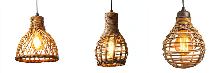 Set of Wicker shade lamp or Rattan Ceiling lamp isolated on a transparent background