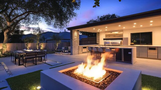Backyard patio with modern fire pit glowing at night, paired with a stylish outdoor kitchen setup, ideal for luxury outdoor living