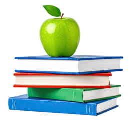 Illustration of green apple on top of stacked colorful books, isolated on white or transparent background