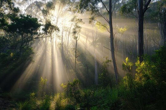 Fototapeta Sunlight filtering through trees in a Tasmanian forest during early morning hours, Sunlight through trees in Tasmania forest Sun rays in wild Australia nature