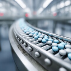 Blue and white tablets move along a curved conveyor belt in sterile pharmaceutical production. An illustration of the large-scale and automated medicine of the future.