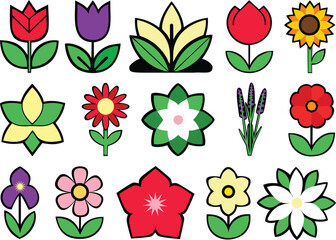 Multiple colorful simplified flowers icons