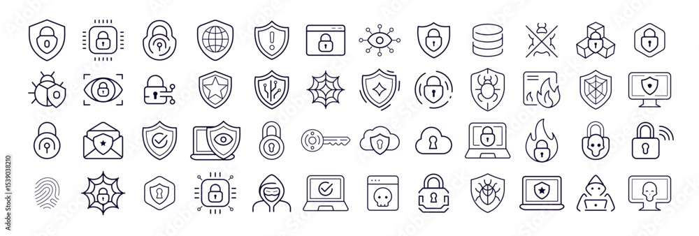 Poster cyber security icon set outline style for web protection, data privacy, firewall, lock, network acce