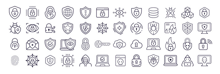 Cyber Security Icon Set Outline Style For Web Protection, Data Privacy, Firewall, Lock, Network Access, Digital Safety Projects. Clean Modern Look. Vector Illustration