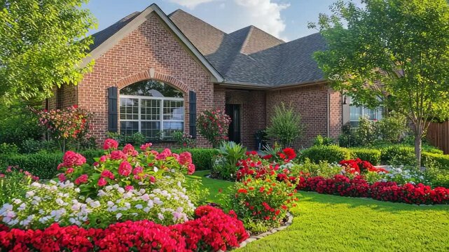 Charming brick house with vibrant green lawn and blooming red flowerbeds, perfect for landscaped home exterior visuals