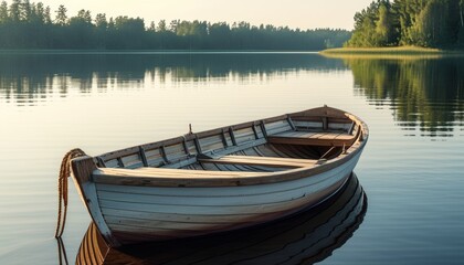 Obraz premium Wooden boat floating on calm lake surrounded by green trees 