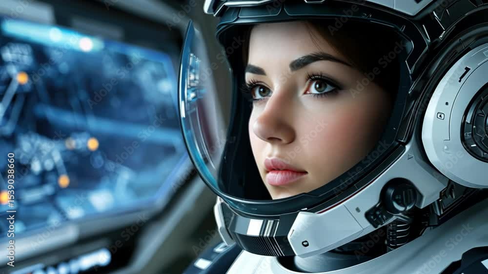 Poster an astronaut looks intently at digital displays, immersed in operations aboard a high-tech spacecraf