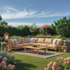Obraz premium able and chairs in garden. garden furniture in garden. lounge chairs in a garden.