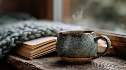 Warm ceramic mug of hot tea placed beside an open book and cozy knitted blanket near window in soft morning light perfect for lifestyle blogs, autumn promotions and relaxation visuals