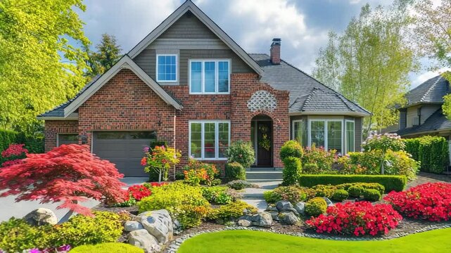 Charming brick house with vibrant green lawn and blooming red flowerbeds, perfect for landscaped home exterior visuals