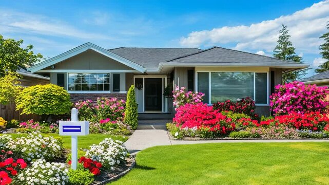 Charming house for sale with real estate sign and blooming flowers in front yard