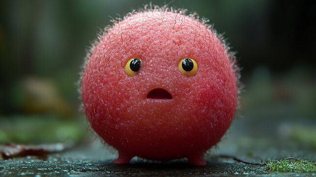Shocked pink fuzzball in forest, blurry background, for kids' content