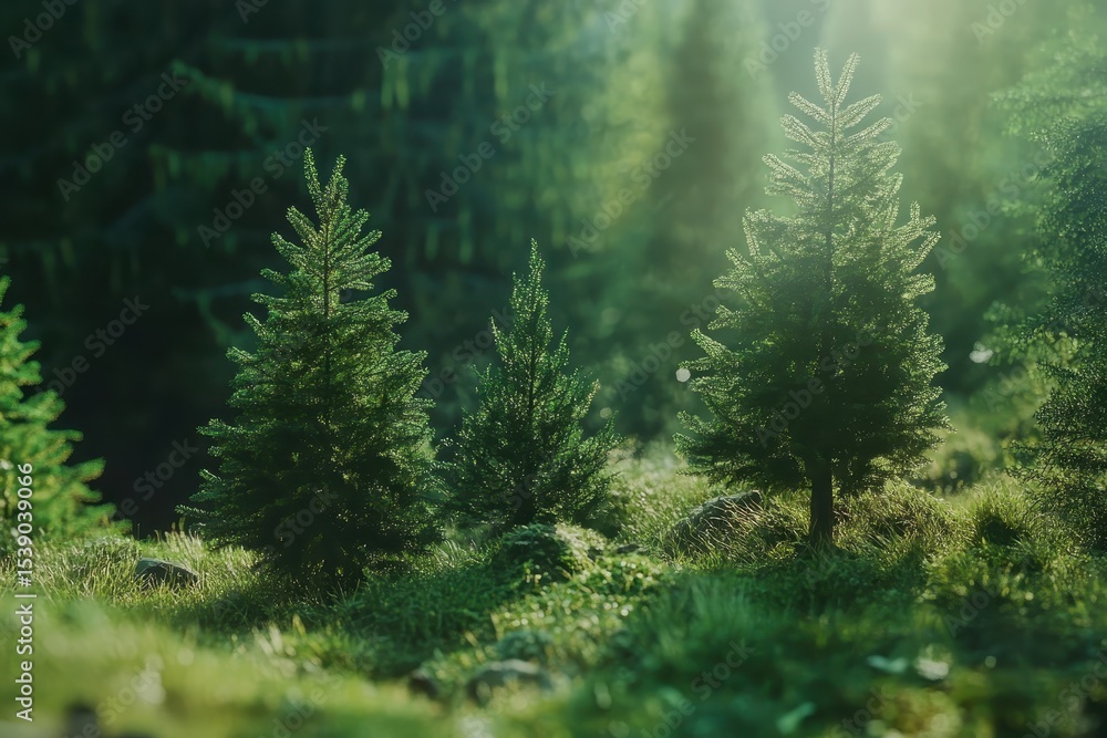 Poster evergreen trees in a forest landscape tilt and rotate under sunlight, evergreen trees in the forest,