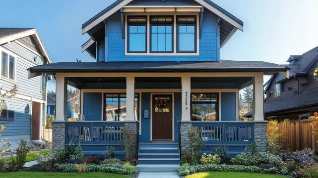 Charming two-story Craftsman home with blue siding and a cozy front porch, perfect for suburban architecture themes