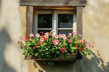 Rustic window adorned with vibrant flowers under bright sunlight in a quaint setting, Rustic window with flower box on sunny day