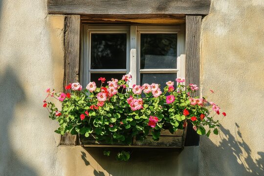 Fototapeta Rustic window adorned with vibrant flowers under bright sunlight in a quaint setting, Rustic window with flower box on sunny day