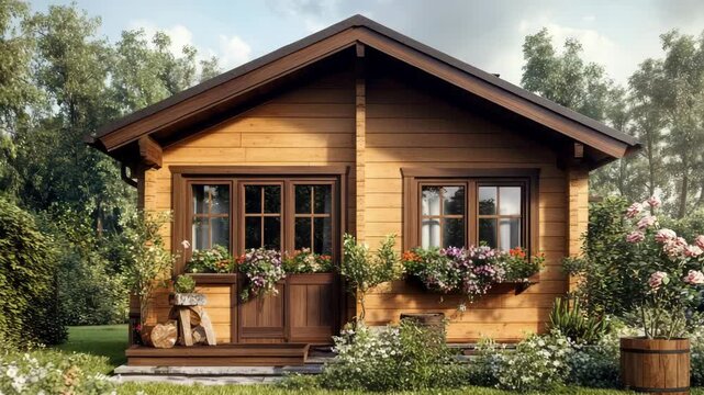 Charming wooden cottage with cream accents, overflowing floral planters, and rich greenery, perfect for inviting countryside scenes
