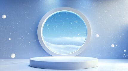 White circular podium with a snowy scene window, blue background