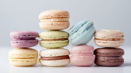 Fototapeta premium Assorted Macarons in Soft Pastel Colors Stacked Elegantly for a Delightful Dessert Display