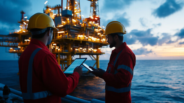 Two engineers working on offshore oil rig.
