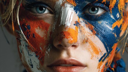 Portrait of woman with intense eye contact and vibrant abstract paint splashes in blue, orange and white on her face ideal for creative beauty campaigns, artistic editorials and expressive concepts