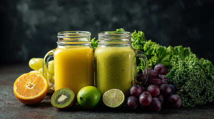 Freshly blended fruit smoothies of various tastes in glass jars with differents fruits. Yellow and green. AI Generative