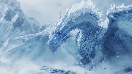 Fantasy ice dragon with massive wings standing in snowy mountain landscape surrounded by fog and frost ideal for epic fantasy artwork, RPG game covers and mythical storytelling visuals