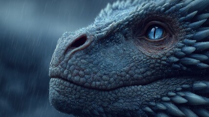 Close-up of dragon head in cinematic lighting with rain and intense blue gaze perfect for fantasy worldbuilding, mythical creature design and dark magical storytelling visuals