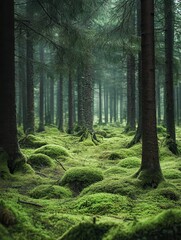 Naklejka premium enchanting scandinavian forest landscape with ancient pine trees covered in thick green moss, mystical nordic wilderness photography