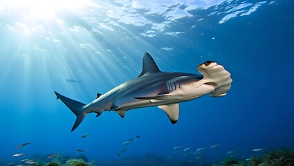 Fototapeta premium A hammerhead shark swims in the ocean with sunlight shining through the water near the ocean floor