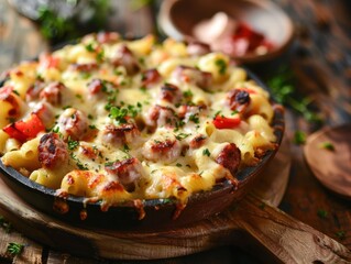 Baked cheesy pasta with sausage and herbs in cast iron pan on rustic wooden board perfect for comfort food advertisements, cooking blogs and hearty dinner visuals