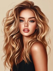 Fototapeta premium Lovely young glam lady with healthy wavy hairstyle. Beautiful woman portrait.
