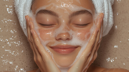 Woman washing face with foamy cleanser.
